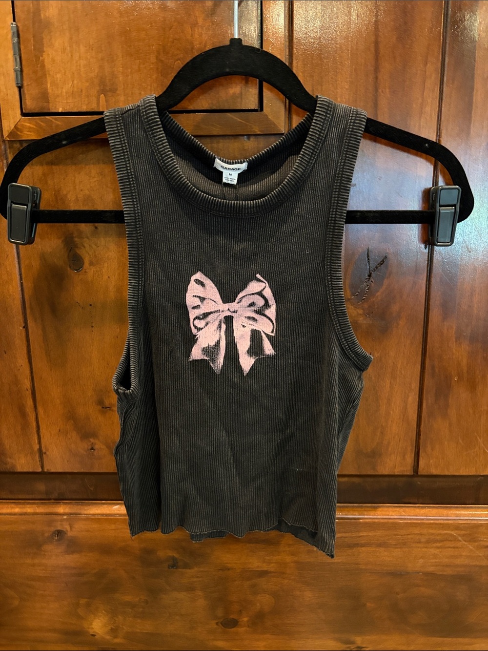🎀 Washed Black Ribbed Tank Top with Pink Bow Graphic